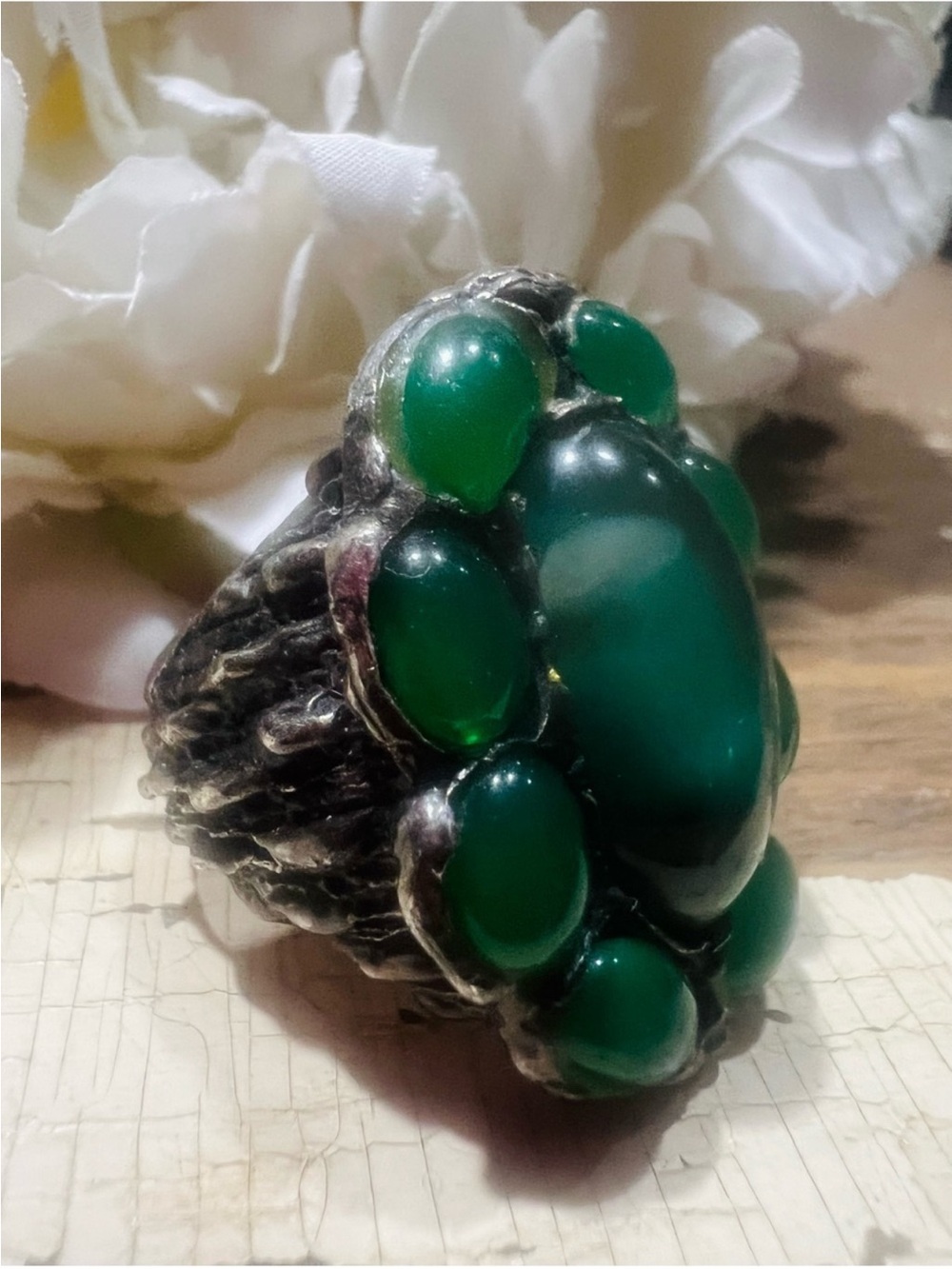 Antique Green Chalcedony Ring W Green Gem Cluster Handcrafted in Sterling Metal